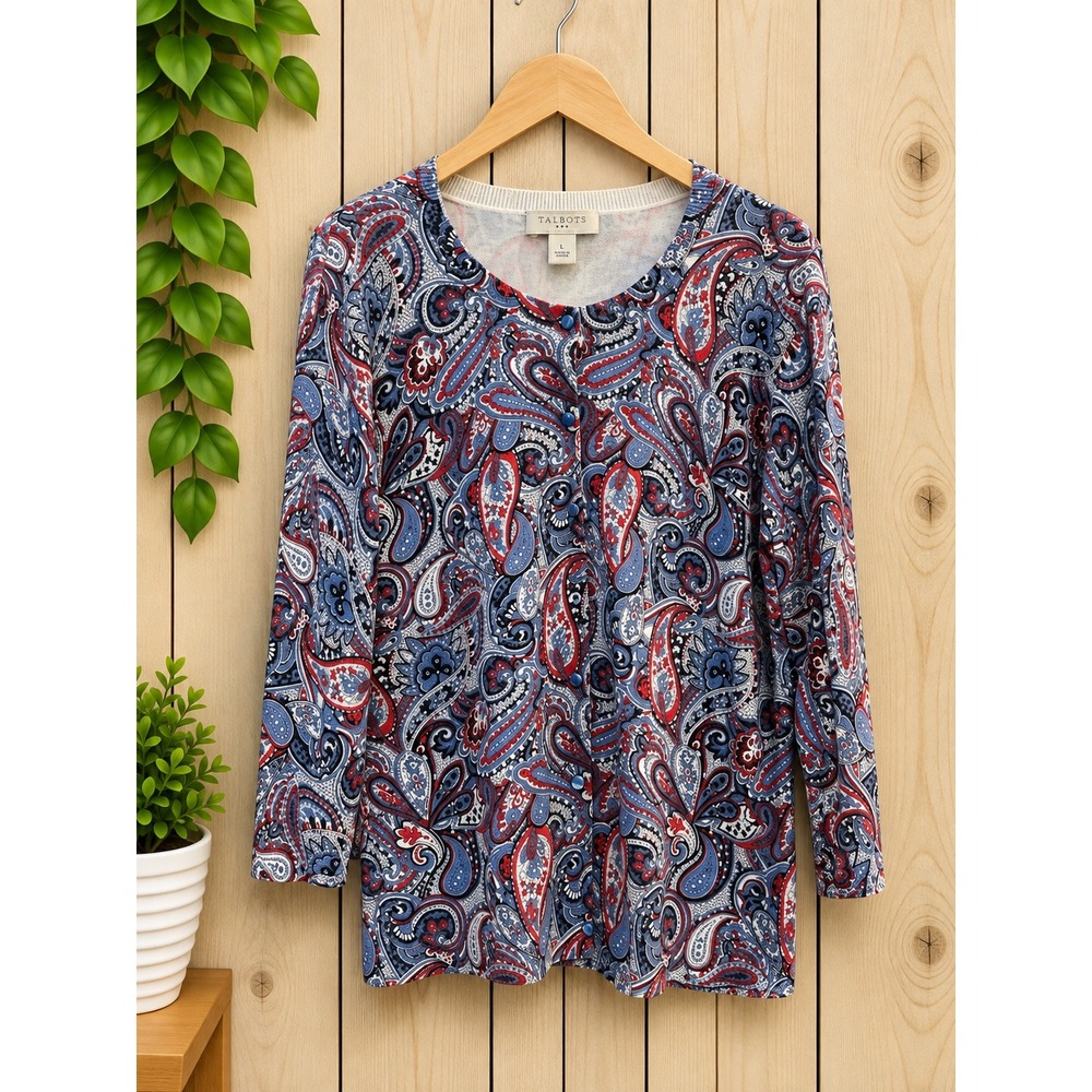 Talbots Womens Large Blue Red Paisley Cotton Button Front Cardigan Sweater